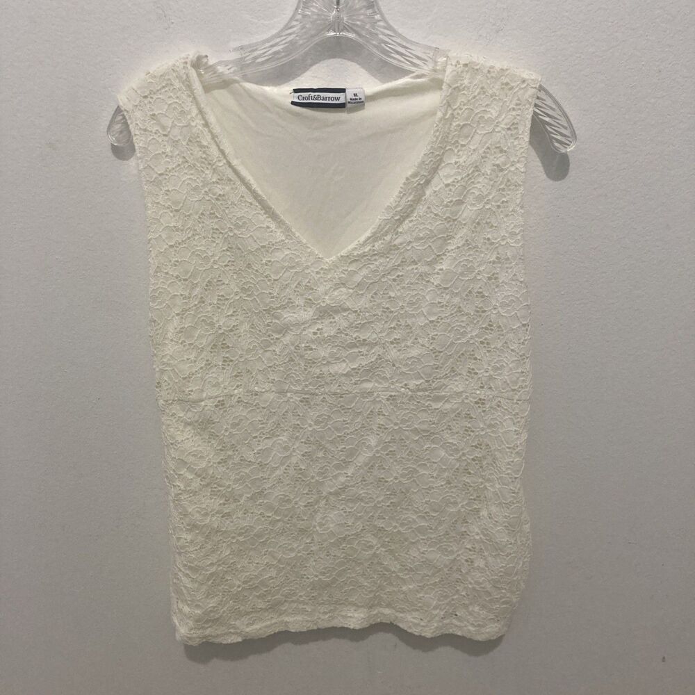 CROFT & BARROW white floral lace overlay v-neck sleeveless empire waist top XL